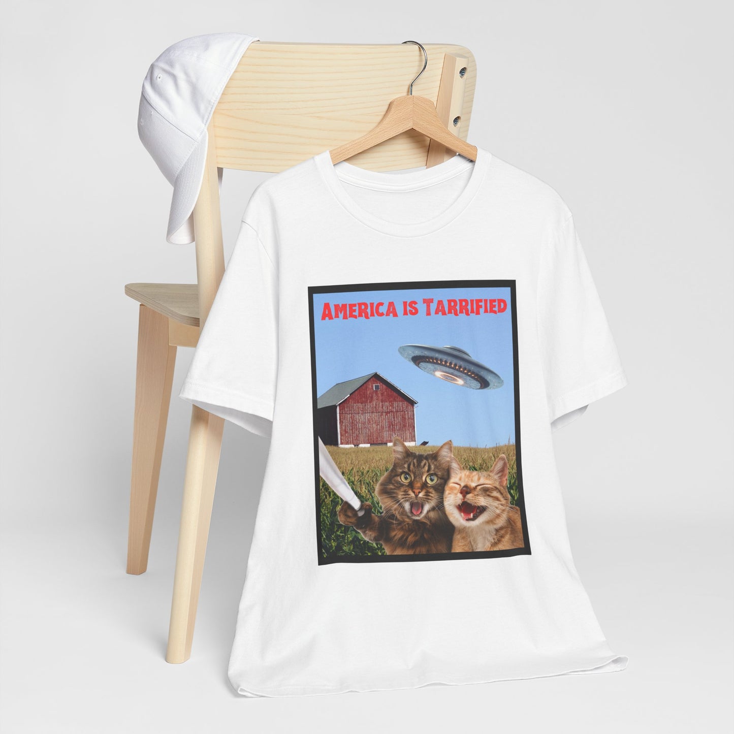 Funny Cat Selfie T-Shirt – America is Tarrified – Political Humor Tee – Patriotic Cat Shirt – 4th of July Graphic Tee