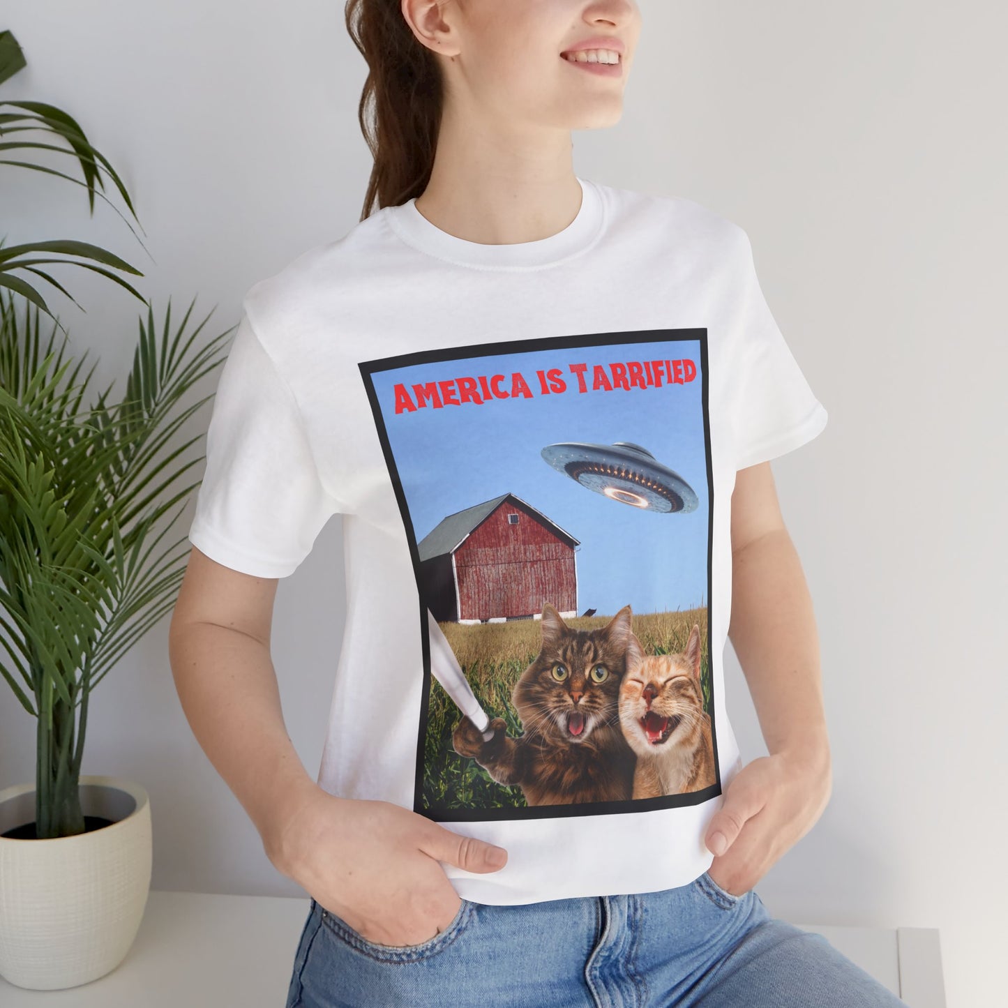 Funny Cat Selfie T-Shirt – America is Tarrified – Political Humor Tee – Patriotic Cat Shirt – 4th of July Graphic Tee
