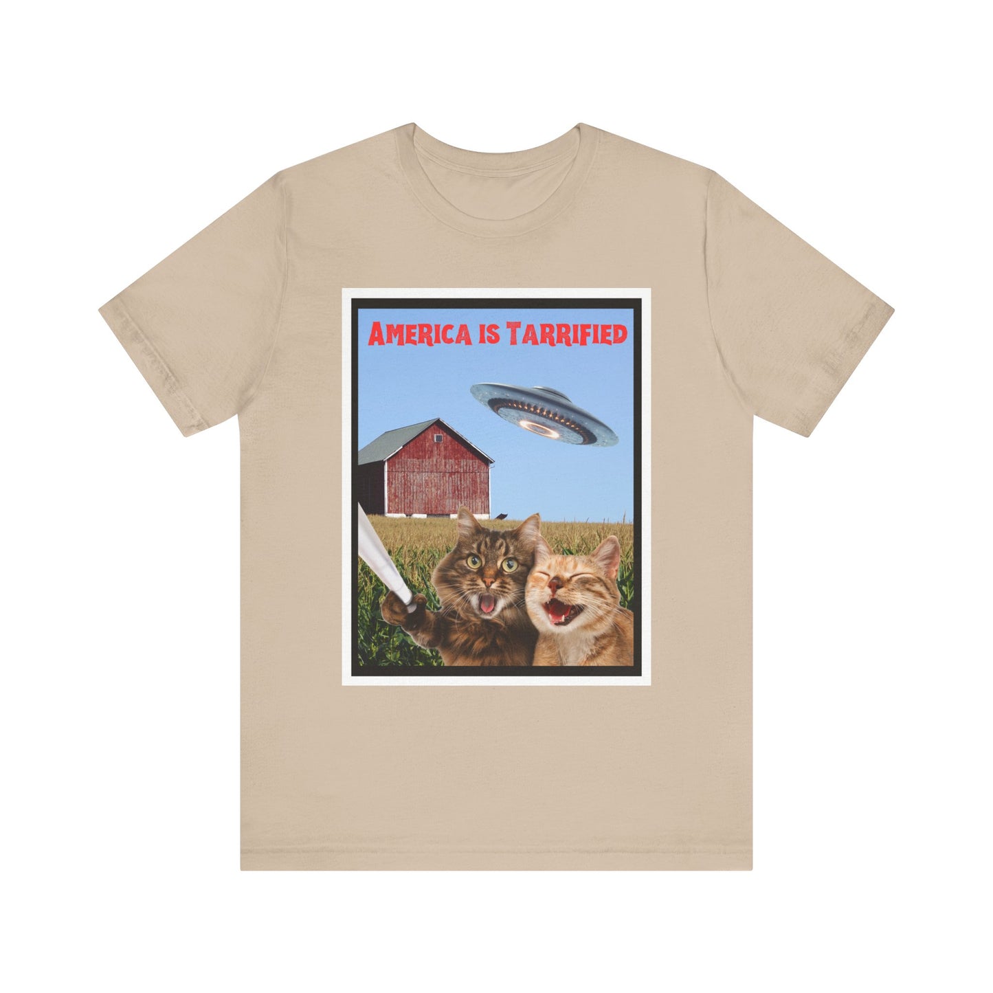 Funny Cat Selfie T-Shirt – America is Tarrified – Political Humor Tee – Patriotic Cat Shirt – 4th of July Graphic Tee